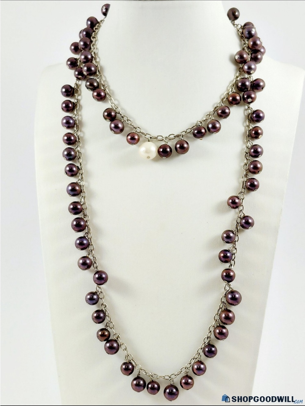 One Pearl 925 Silver Purple + One White Freshwater Pearl Necklace 34.5" 79.1g